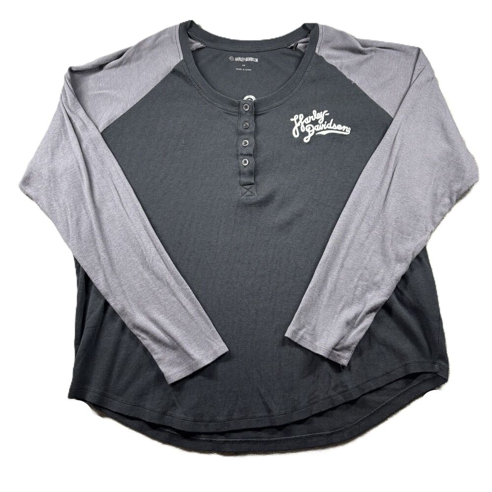 Harley Davidson Women Raglan Henley Top Embroidered Black Grey Size 2X Q202